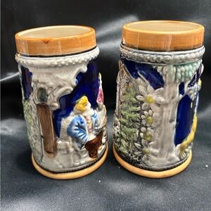 Ceramic Beer Steins with Blue and Brown Accents